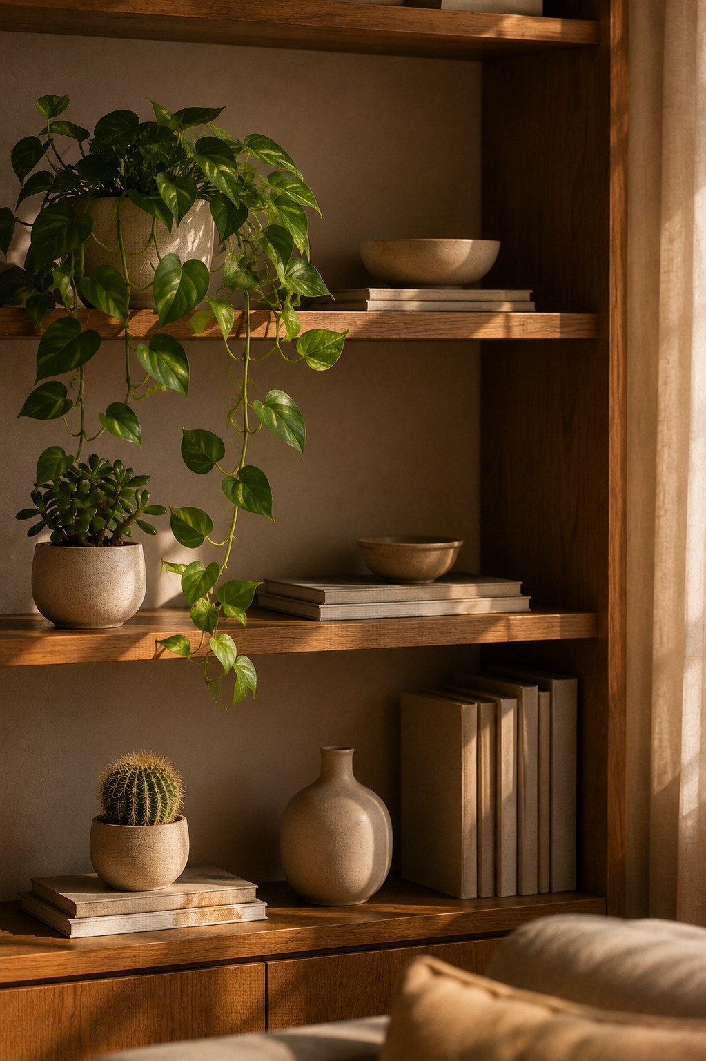 Plantas em prateleira criando composição decorativa