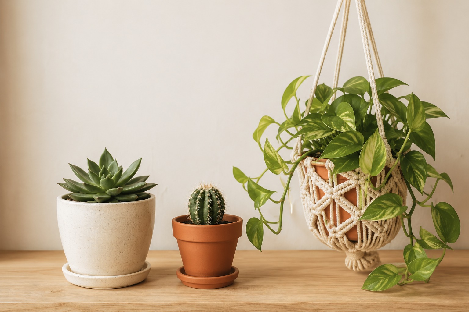 Vasos de cerâmica branco, terracota e macramê com plantas valorizando a decoração