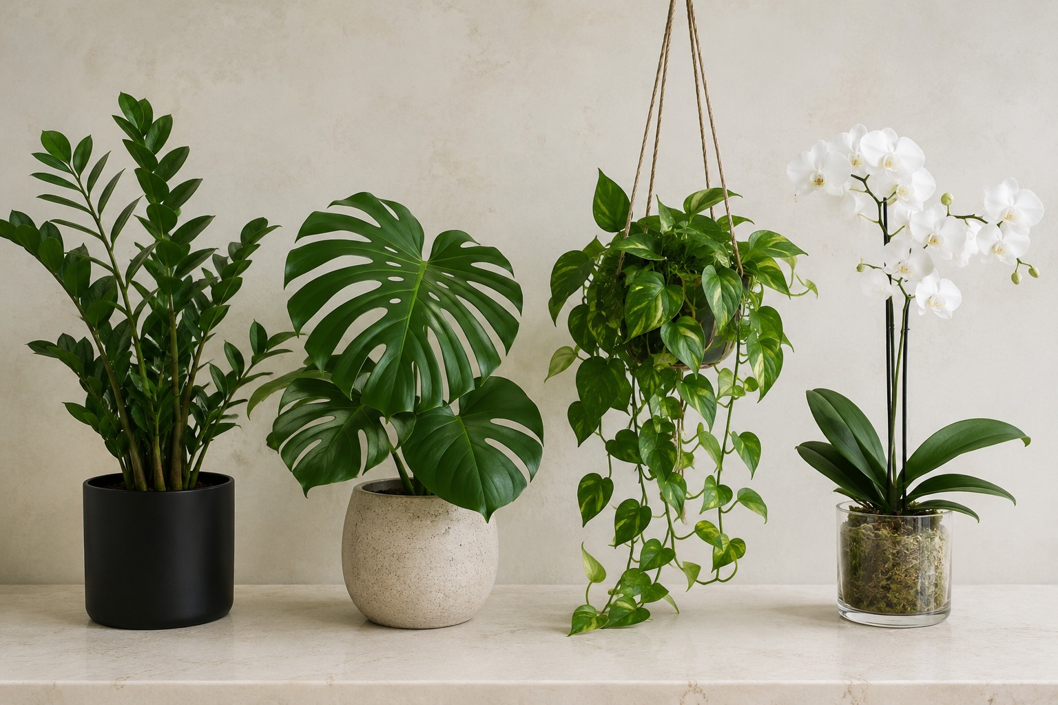Espécies de plantas para cada ambiente: zamioculca, costela de adão, pothos e orquídea