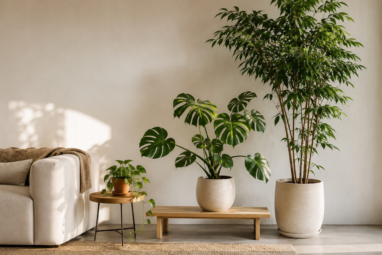 Composição de plantas em alturas diferentes criando harmonia visual no ambiente