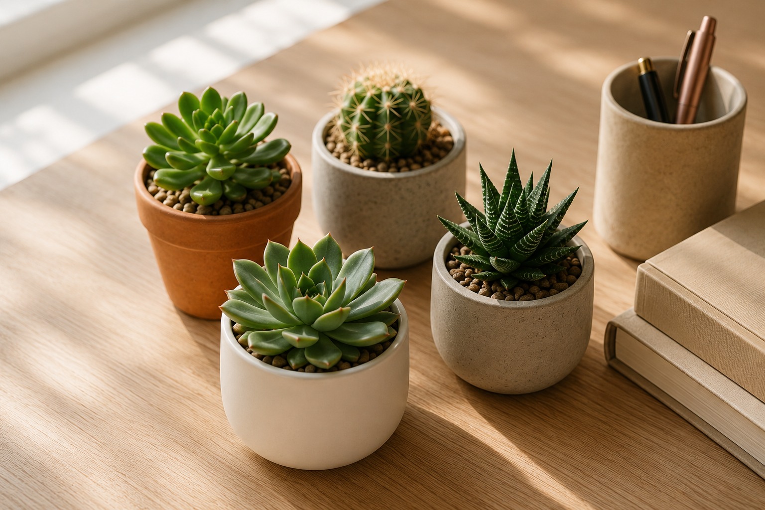 Três suculentas e um mini cacto em vasos minimalistas de cerâmica branca e terracota sobre mesa de madeira