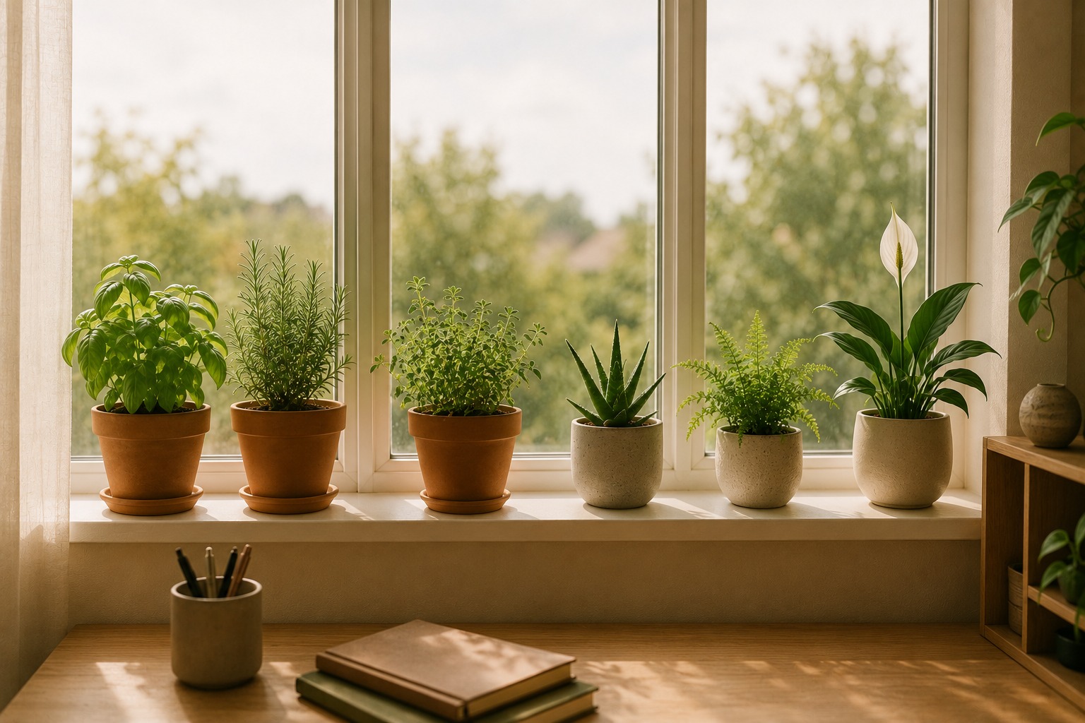 Fileira de plantas pequenas no parapeito da janela do home office com luz natural de fundo