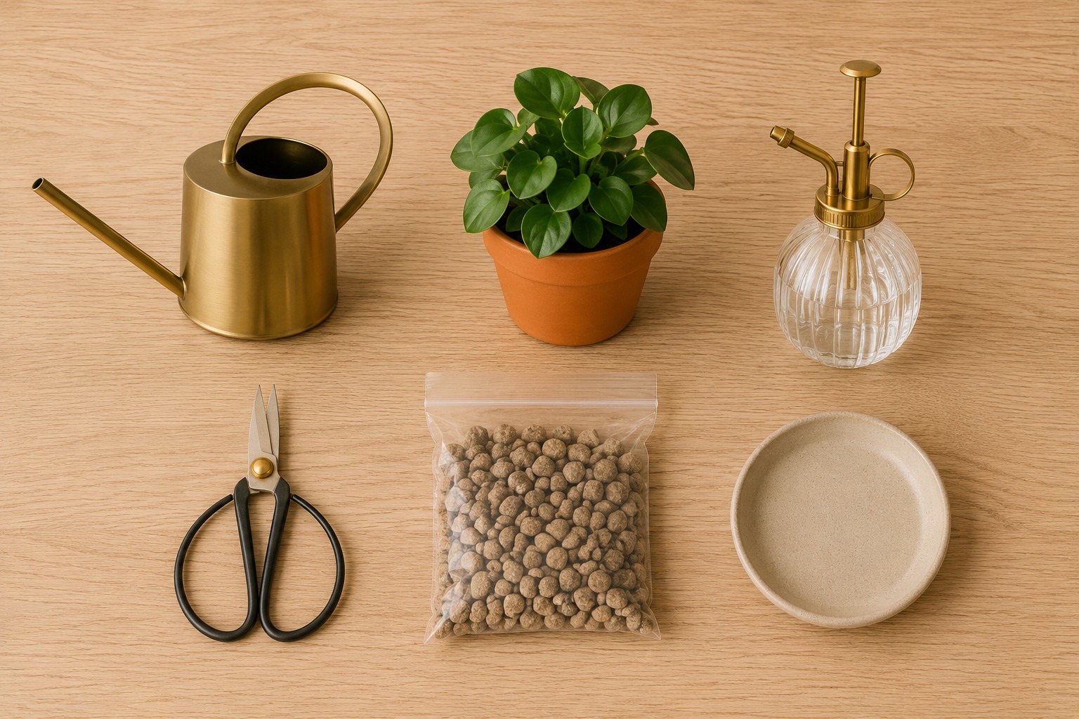 Flat lay com regador de latão, borrifador, tesoura de poda e vaso de terracota sobre superfície de madeira