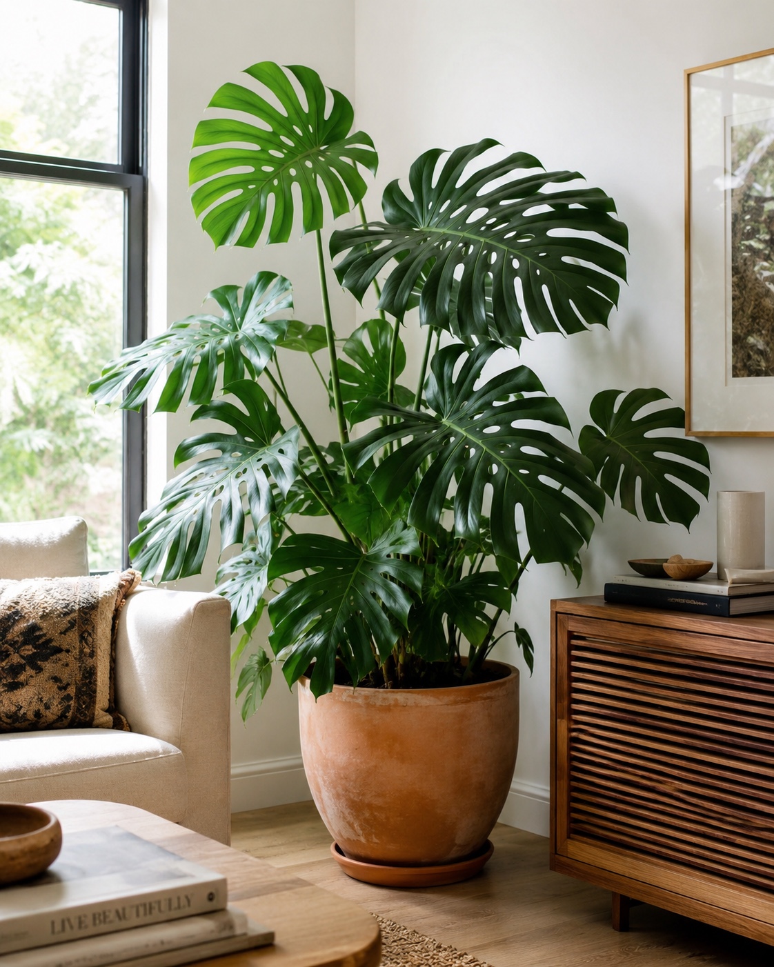 Costela de adão (Monstera deliciosa) em vaso cerâmico no canto da sala — planta de interior fácil para iniciantes