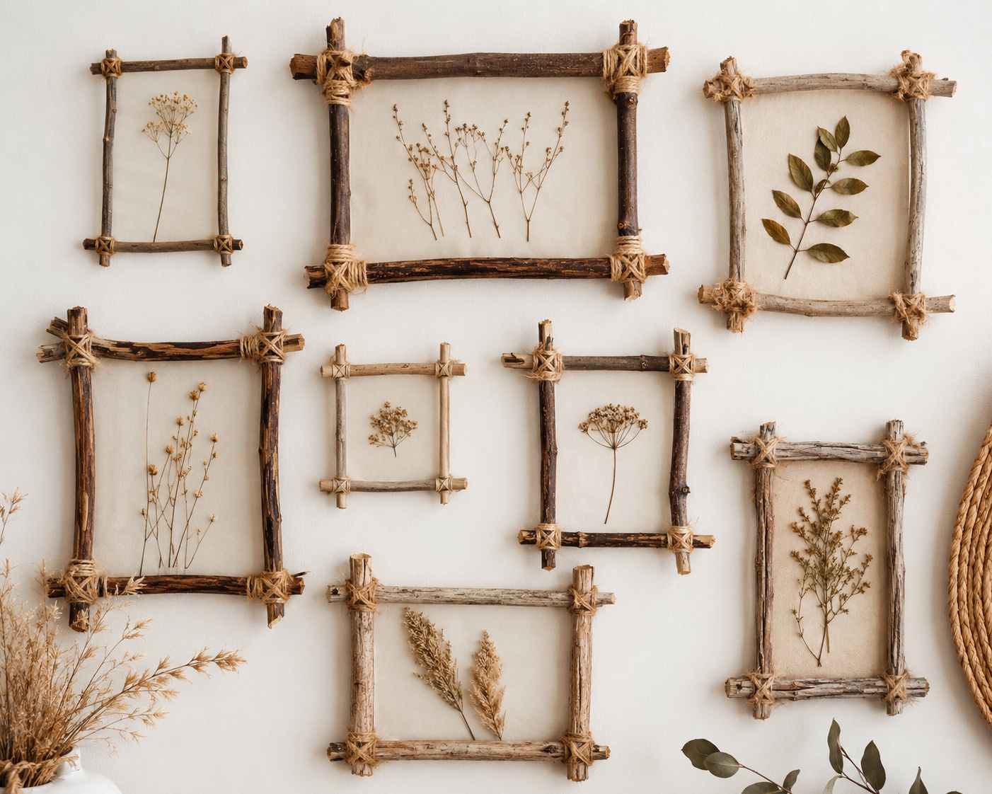 Molduras DIY feitas com palitos e gravetos naturais — decoração artesanal para parede