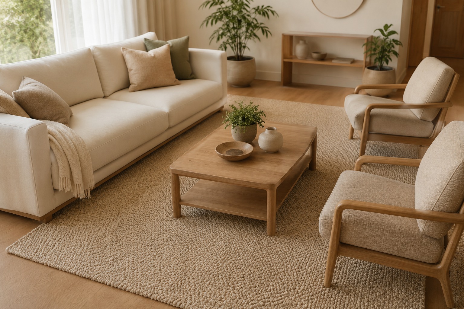 Sala de estar com tapete bege como peça âncora unindo sofá, poltronas e mesa de centro em composição aconchegante