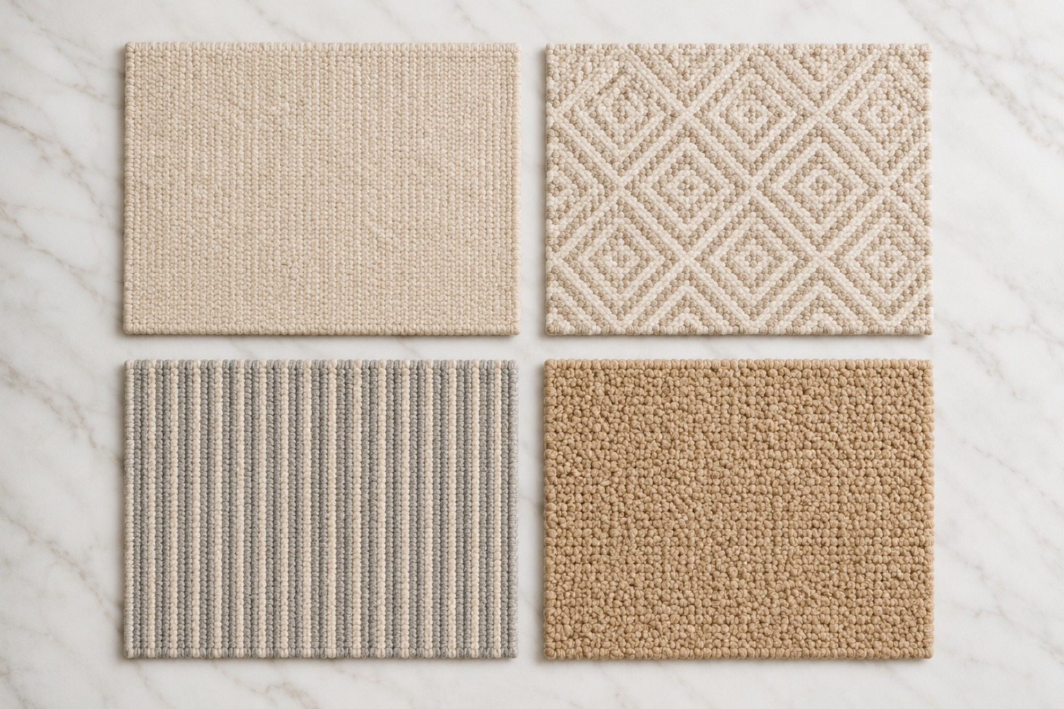 Flat lay de quatro amostras de tapete em diferentes cores e padrões neutros: liso bege, geométrico, listrado e bouclé camel