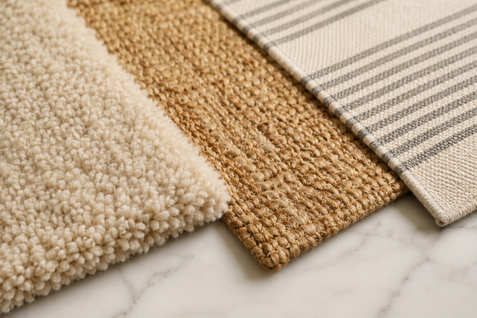 Flat lay de três amostras de tapete em texturas diferentes: lã shaggy bege, juta trançada natural e algodão flat weave listrado