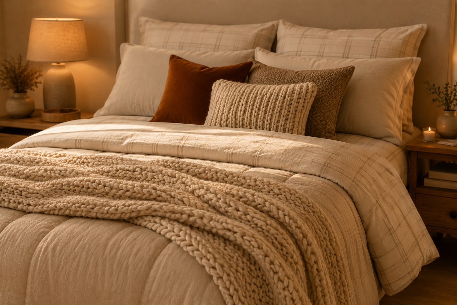 Cama de inverno com lençóis de flanela, edredom e manta de tricô