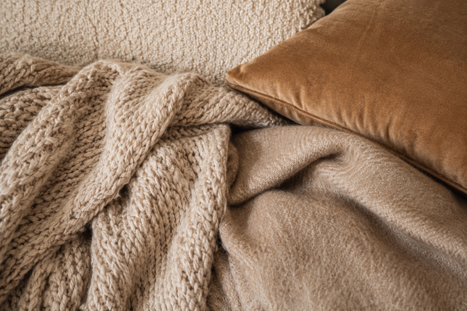 Texturas de inverno tricô, veludo e lã sobrepostas