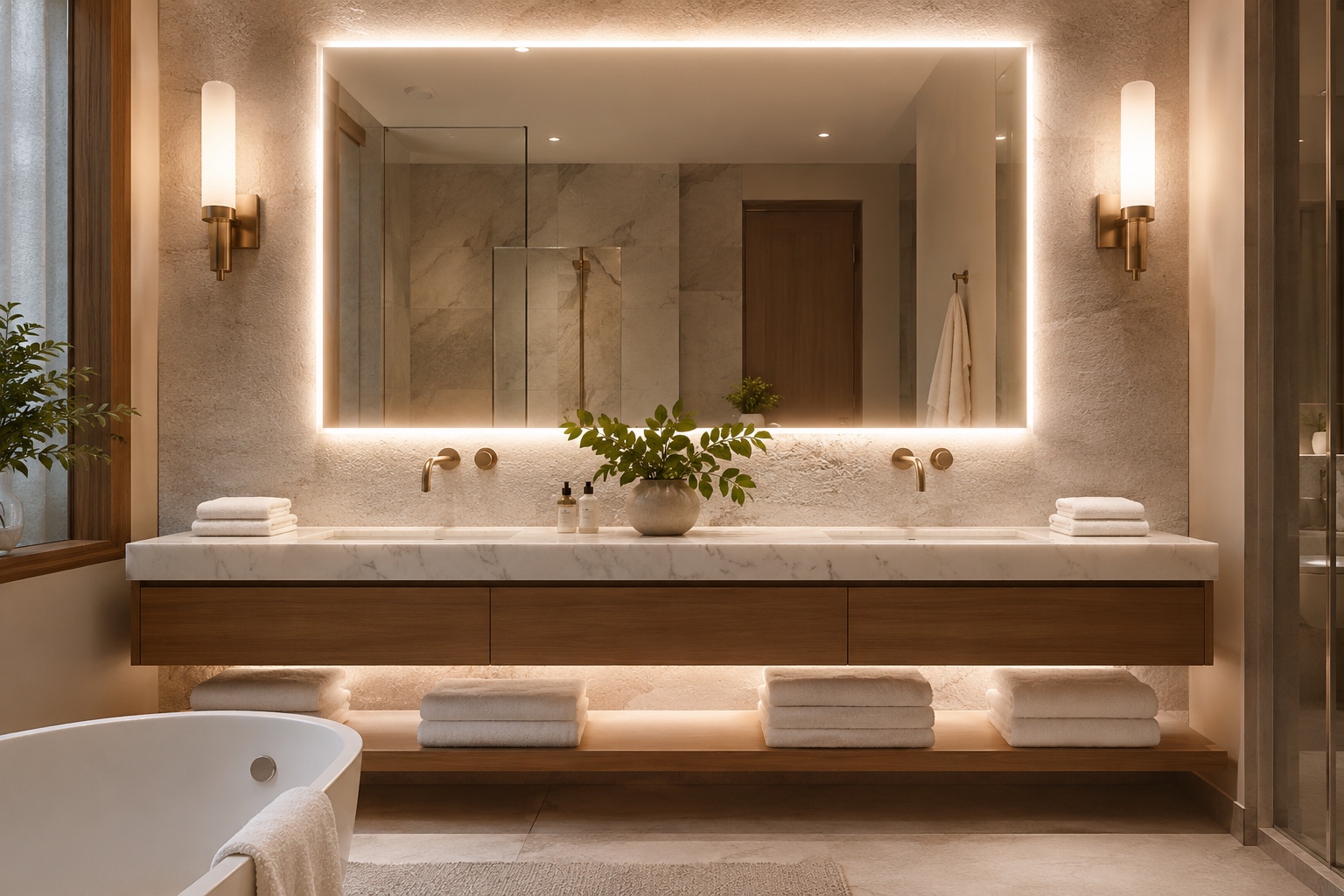 Banheiro com iluminação spa — espelho retroiluminado e arandelas laterais eliminando sombras