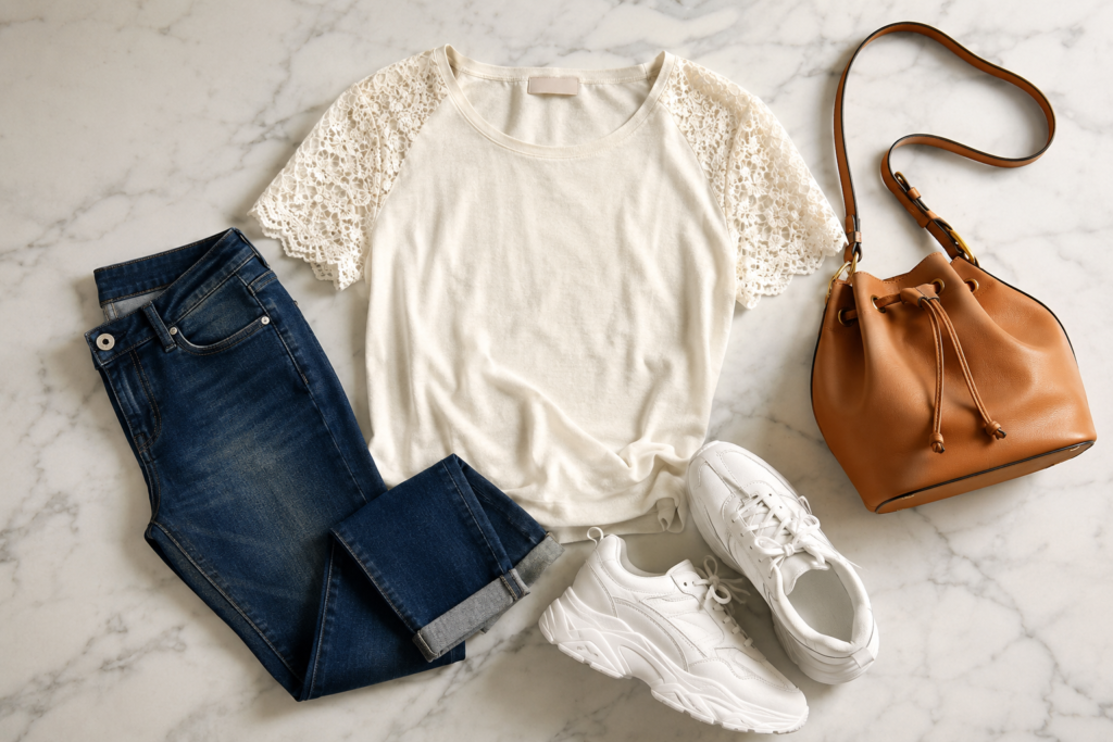 Looks casuais para o Dia dos Namorados - flat lay com jeans e blusa off-white