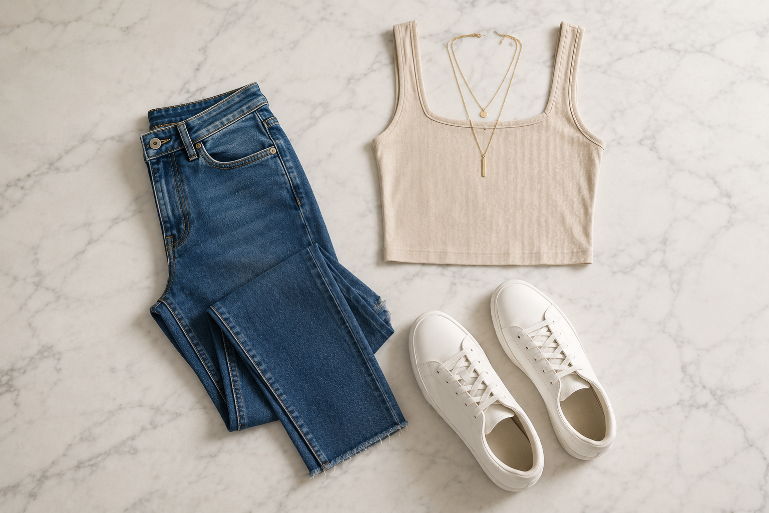 Conjunto jeans cropped com top bege e colar dourado