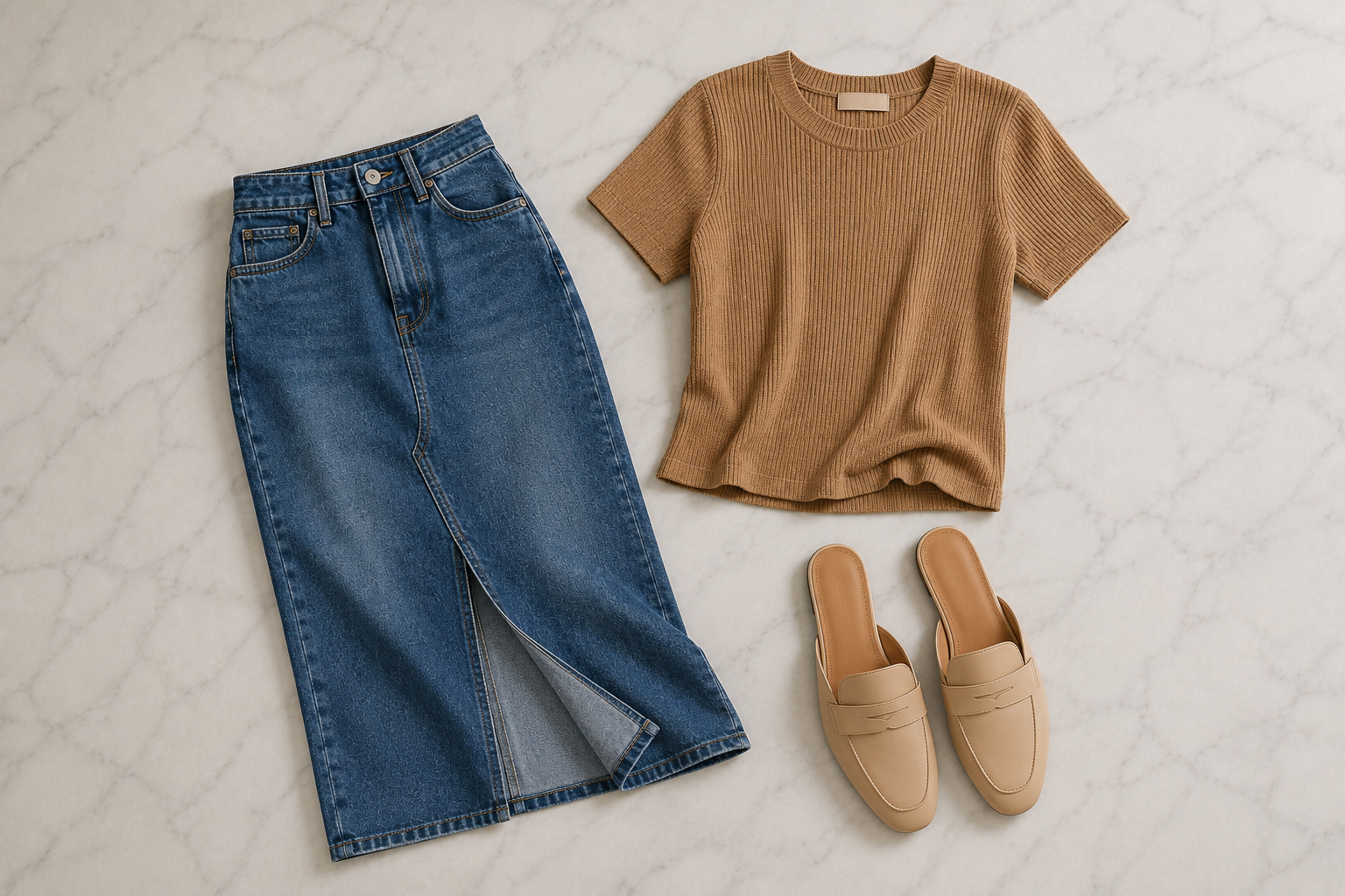 Saia midi jeans com blusa de tricot caramelo