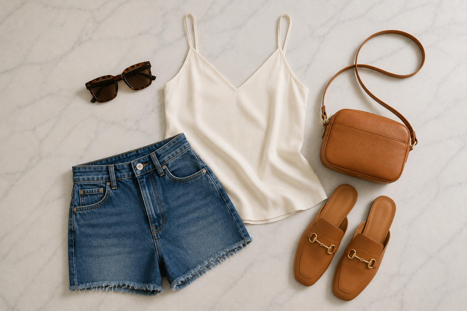 Short jeans de cintura alta com blusa de cetim off-white