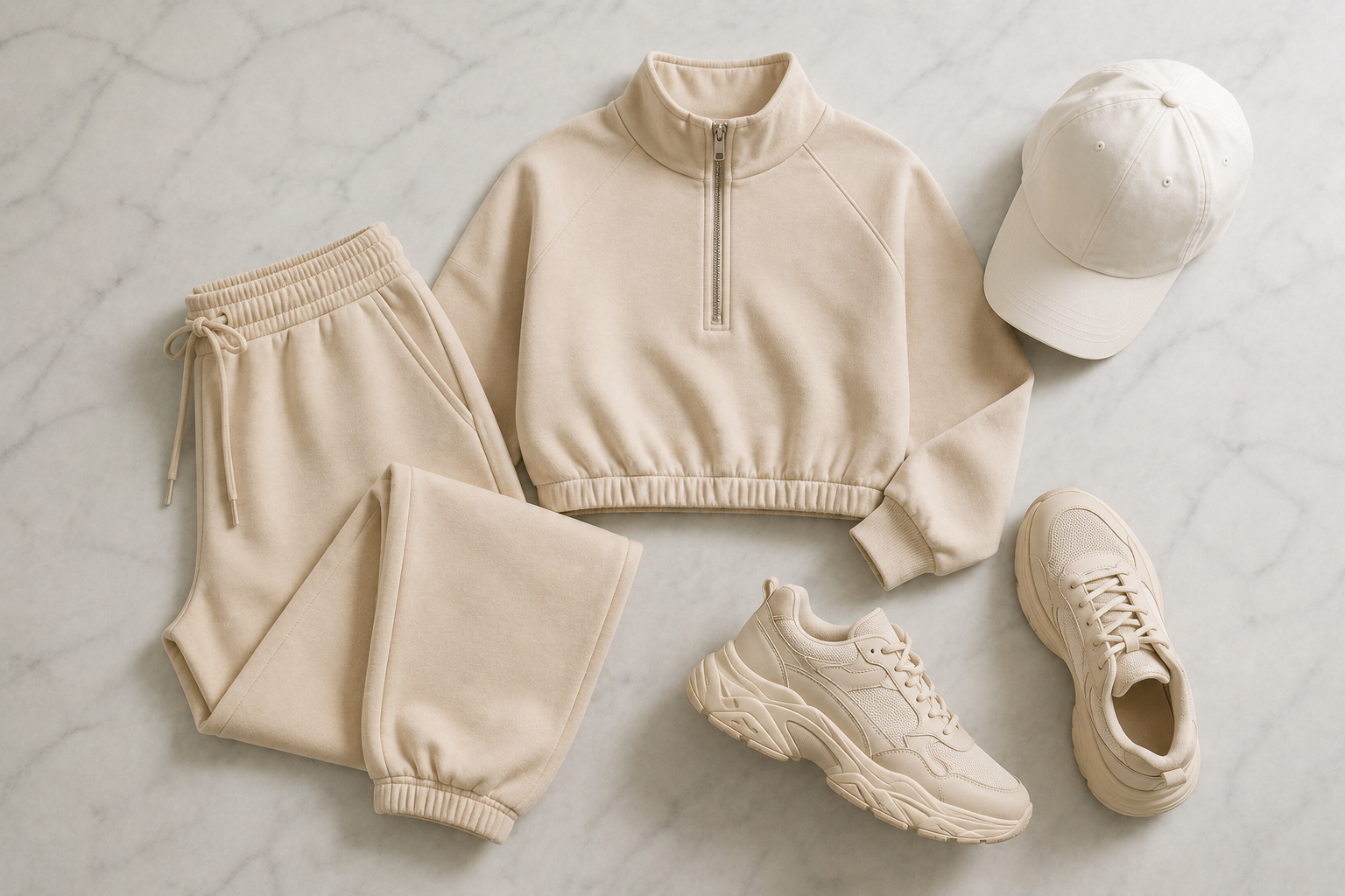 Conjunto athleisure de moletom bege coordenado