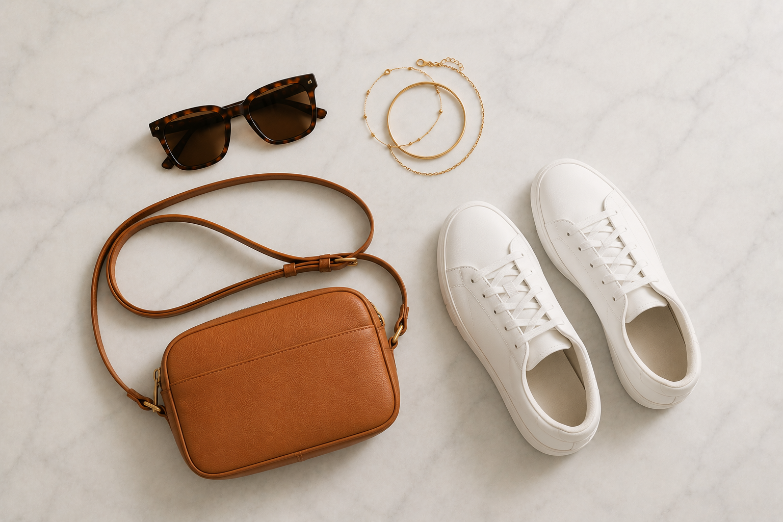 Acessórios casuais: óculos marrom, bolsa caramelo e pulseiras douradas