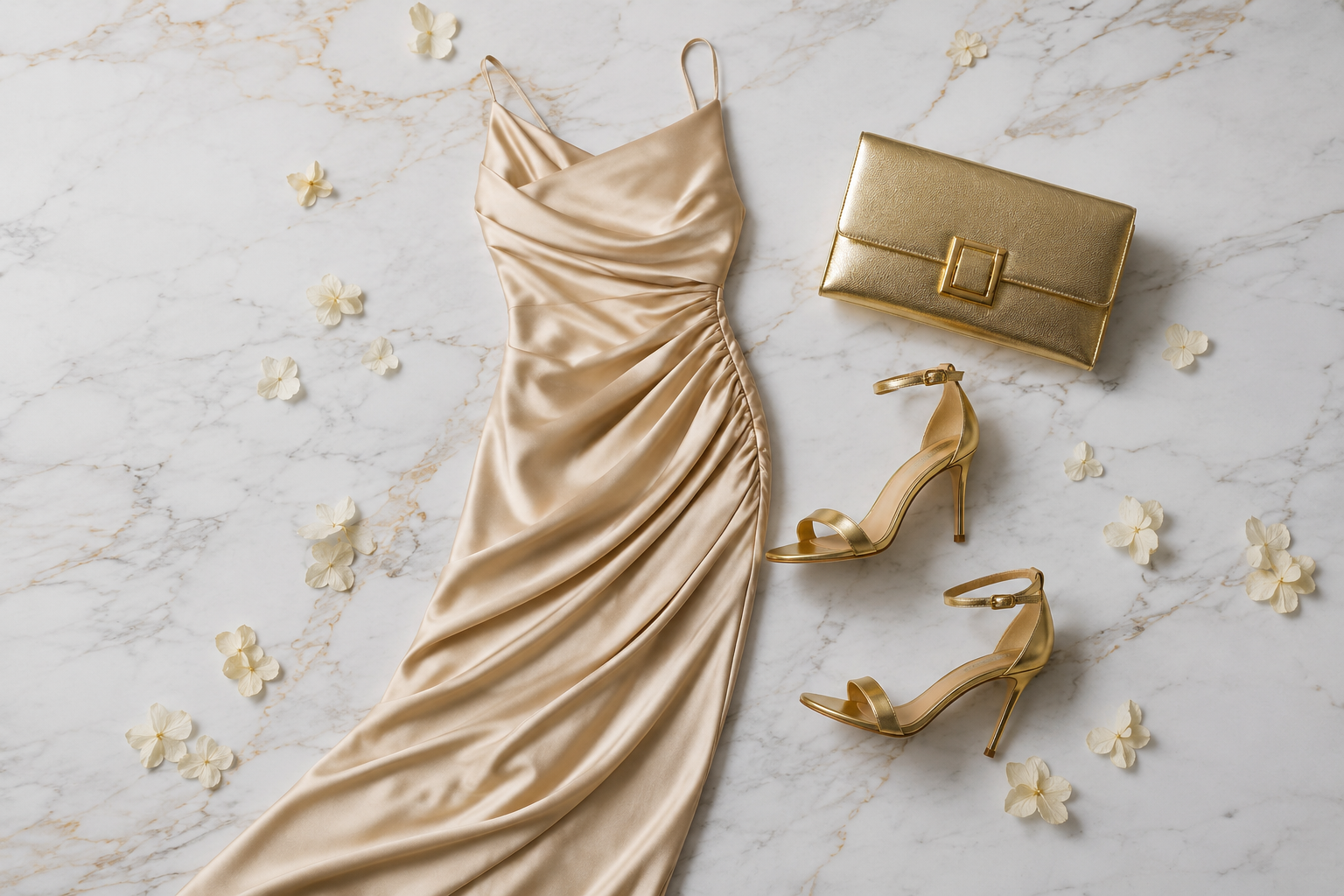 Looks elegantes para o Dia dos Namorados - vestido longo de seda champanhe com clutch dourada