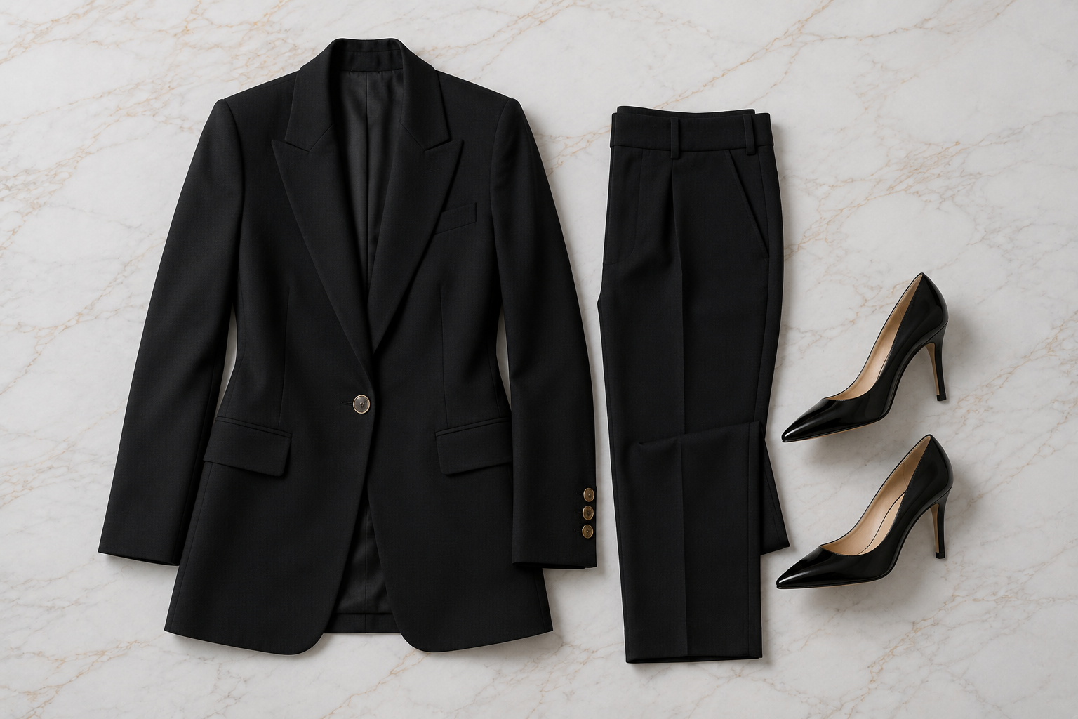 Conjunto all black elegante: blazer longo de alfaiataria e calça reta de crepe