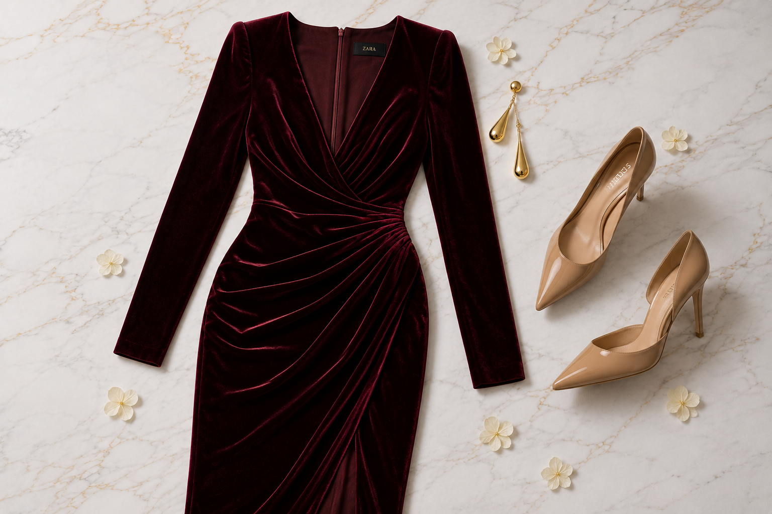 Vestido midi de veludo vinho com brincos dourados e scarpin nude