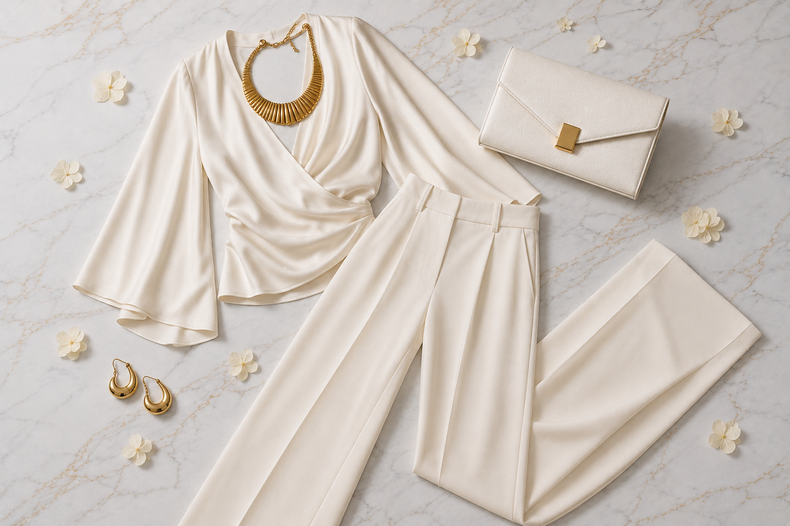 Conjunto pantalona off-white com blusa de seda e colar statement dourado