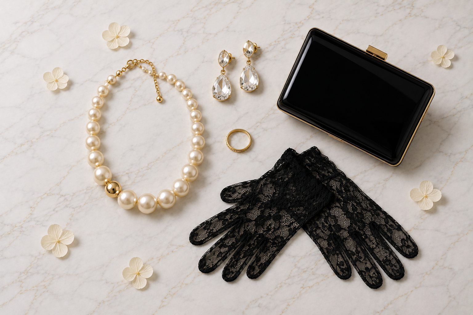 Joias e acessórios luxury para noite especial: pérolas, cristais e clutch de verniz