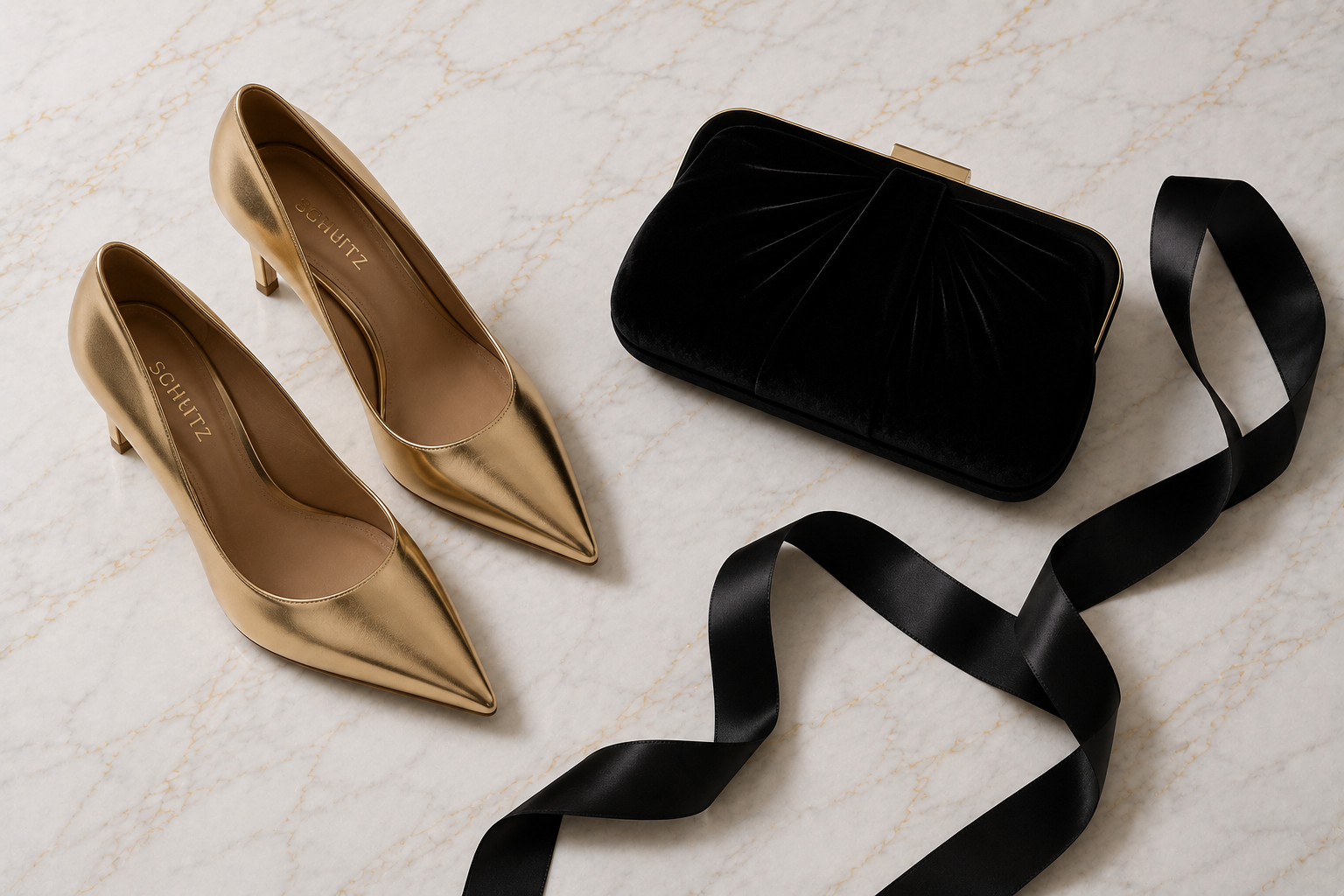 Scarpin dourado metalizado e clutch de veludo preto para look elegante