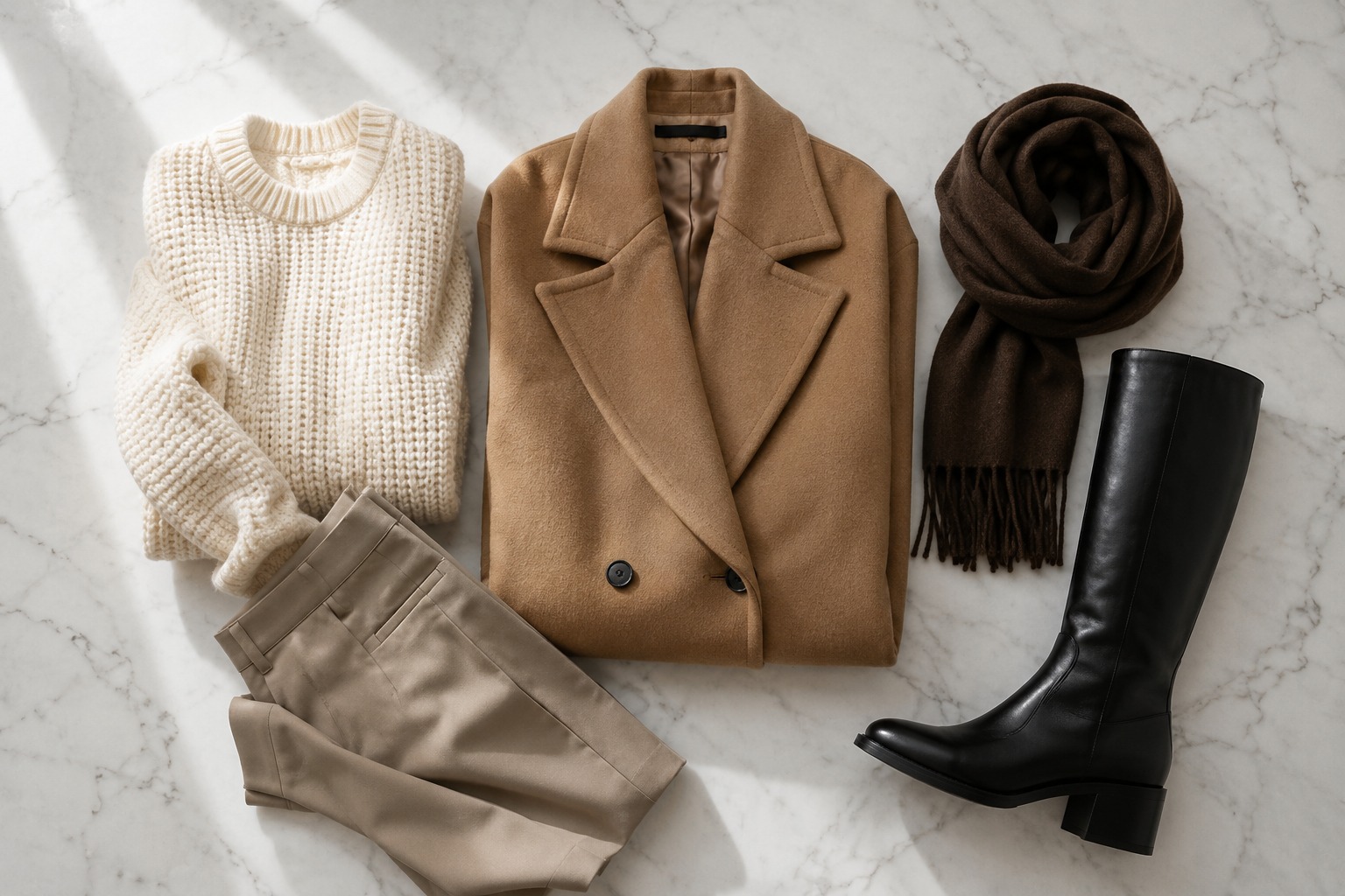 Flatlay elegante com casaco caramelo, suéter de tricô off-white e botas de couro preto para o inverno 2026