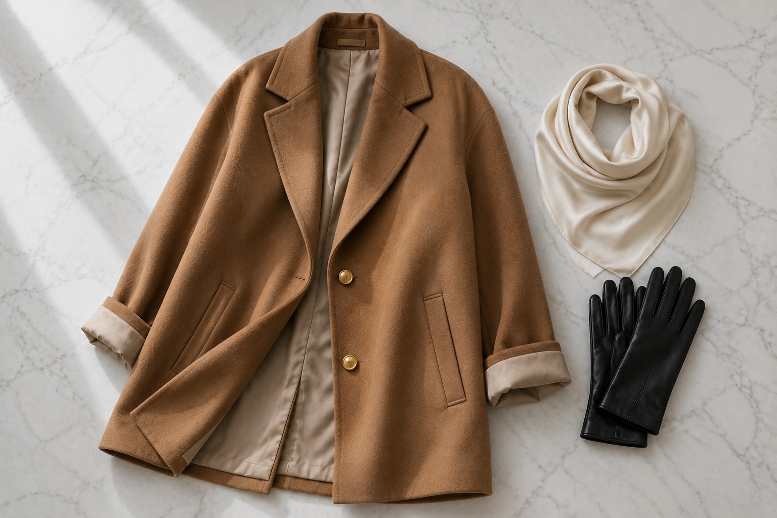 Casaco feminino oversized em lã caramelo com luvas de couro preto — tendência casacos volumosos inverno 2026