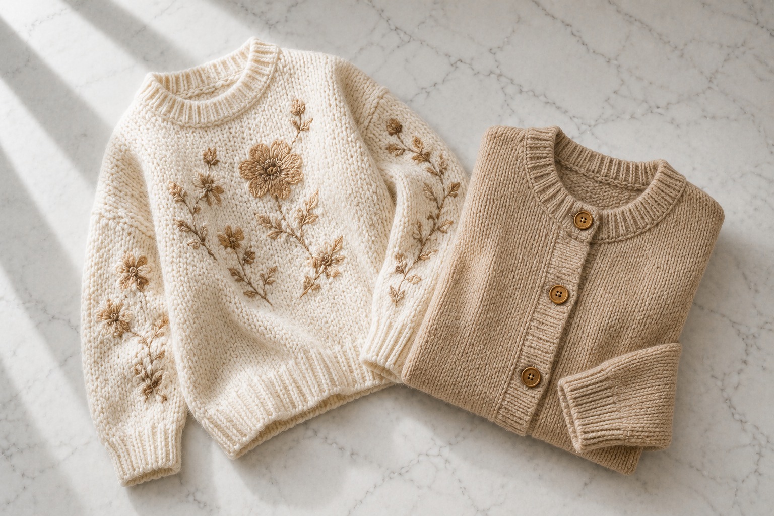 Suéter de tricô off-white vintage com bordados florais em bege e cardigã caramelo — tendência tricô inverno 2026