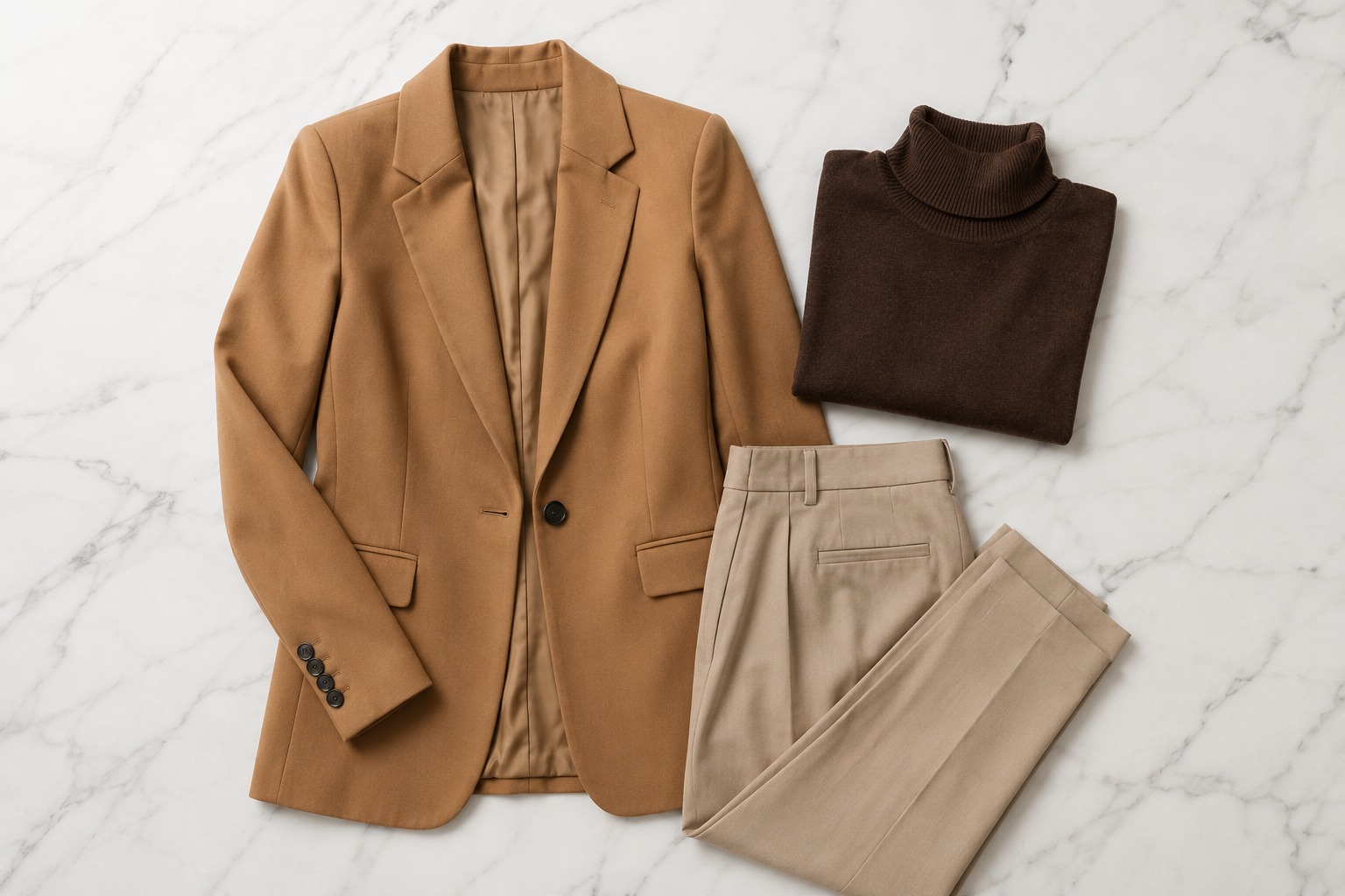 Composição de sobreposições com vestido, blazer caramelo e tricô marrom chocolate — como usar camadas no inverno 2026