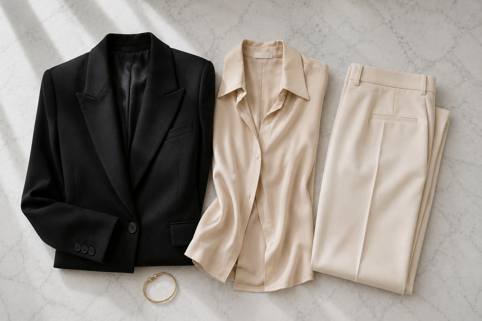 Blazer preto estruturado e calça off-white de alfaiataria feminina — tendência alfaiataria inverno 2026