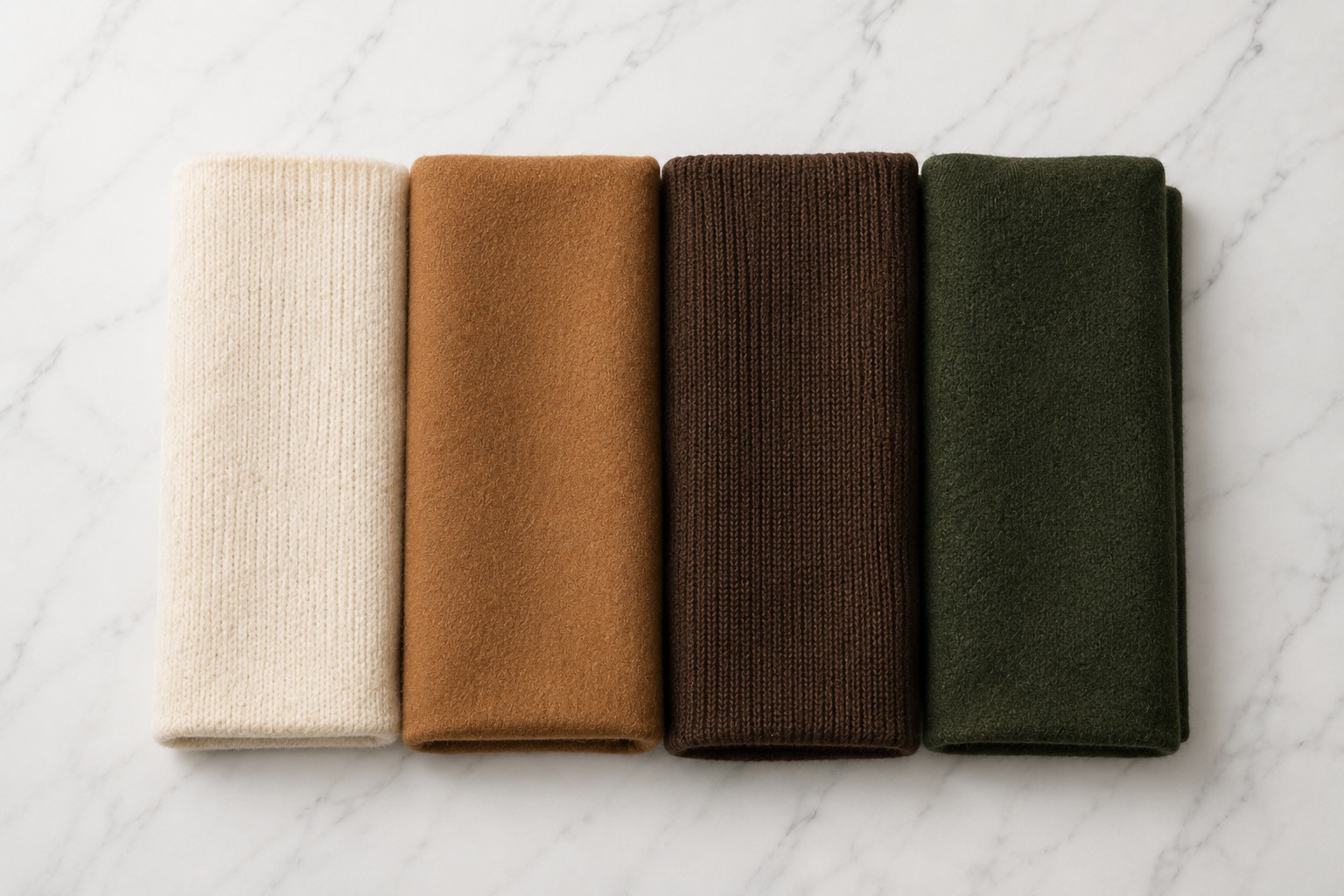 Amostras de tecido mostrando a paleta de cores do inverno 2026: off-white, bege, caramelo, marsala e verde militar