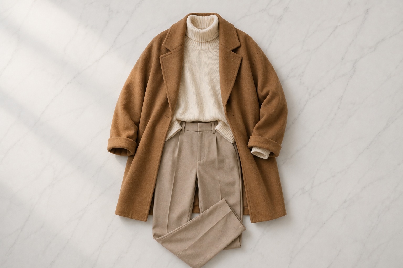 Outfit flatlay completo de inverno 2026 com casaco caramelo, suéter off-white, calça bege e botas pretas