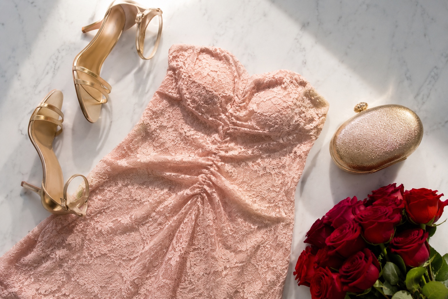 Flat lay romântico com vestido de renda rosê, sandália dourada, clutch e buquê de rosas vermelhas