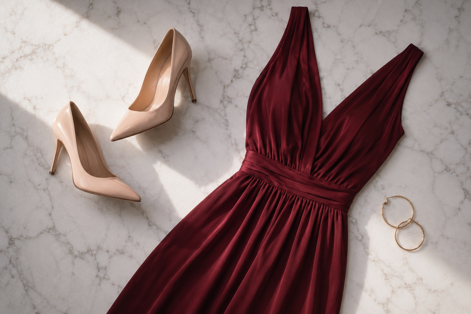 Vestido midi bordô de tecido fluido com scarpin nude