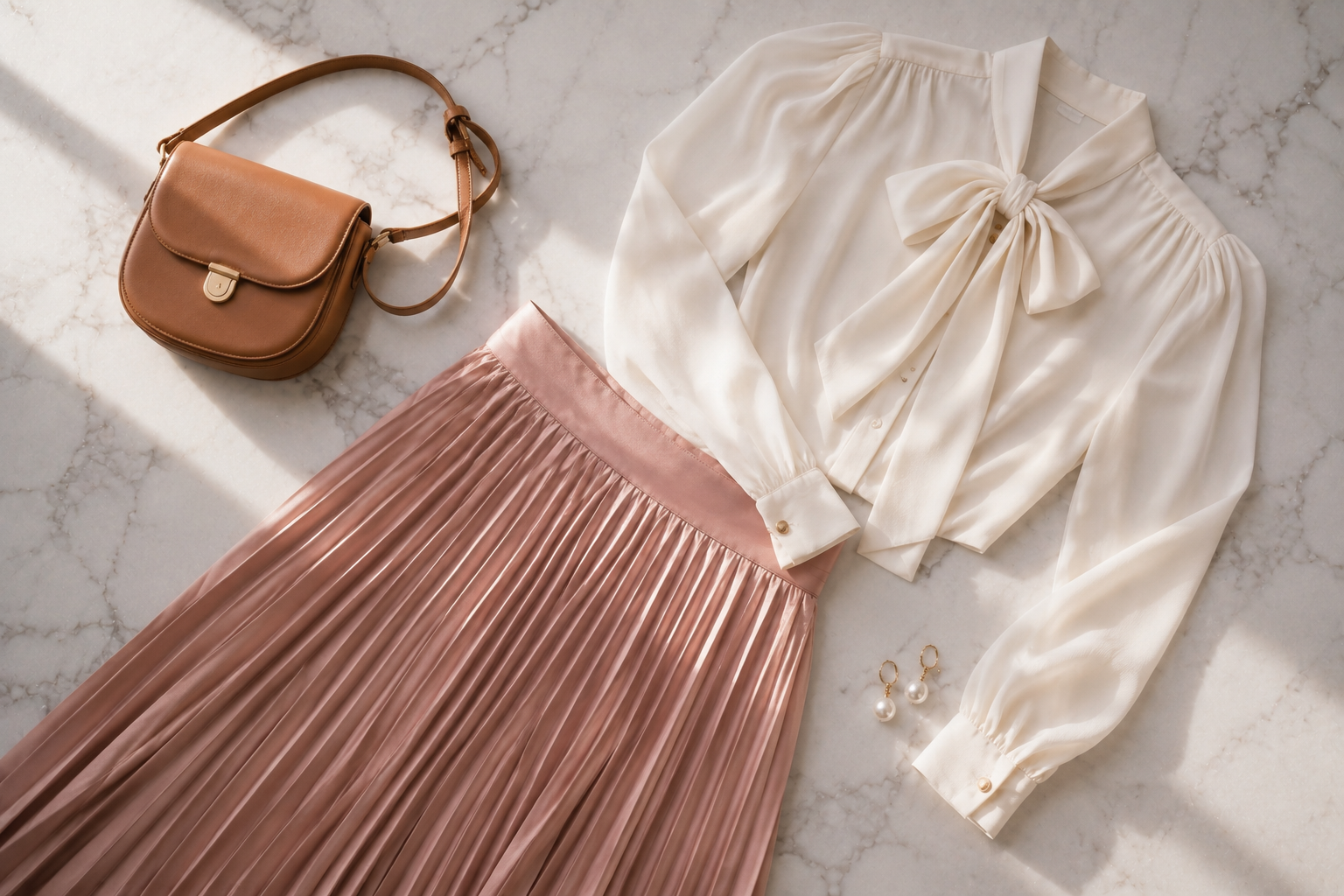 Conjunto de saia midi plissada rosé e blusa off-white com laço