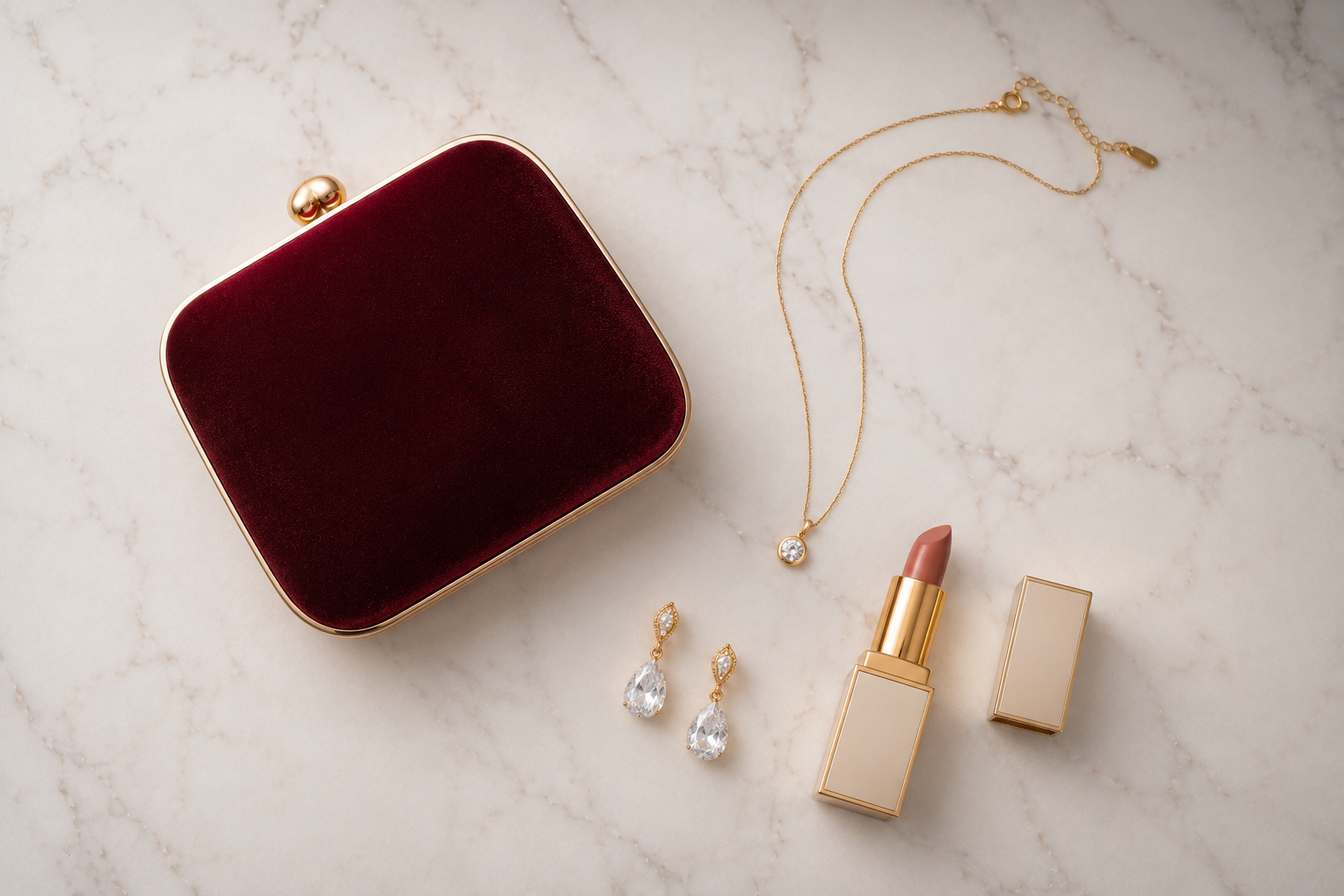 Acessórios para jantar romântico: clutch veludo, colar dourado e brincos