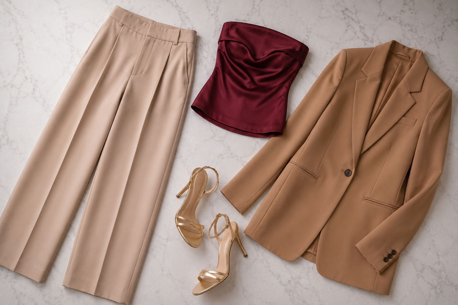 Look com calça pantalona bege e top de cetim bordô