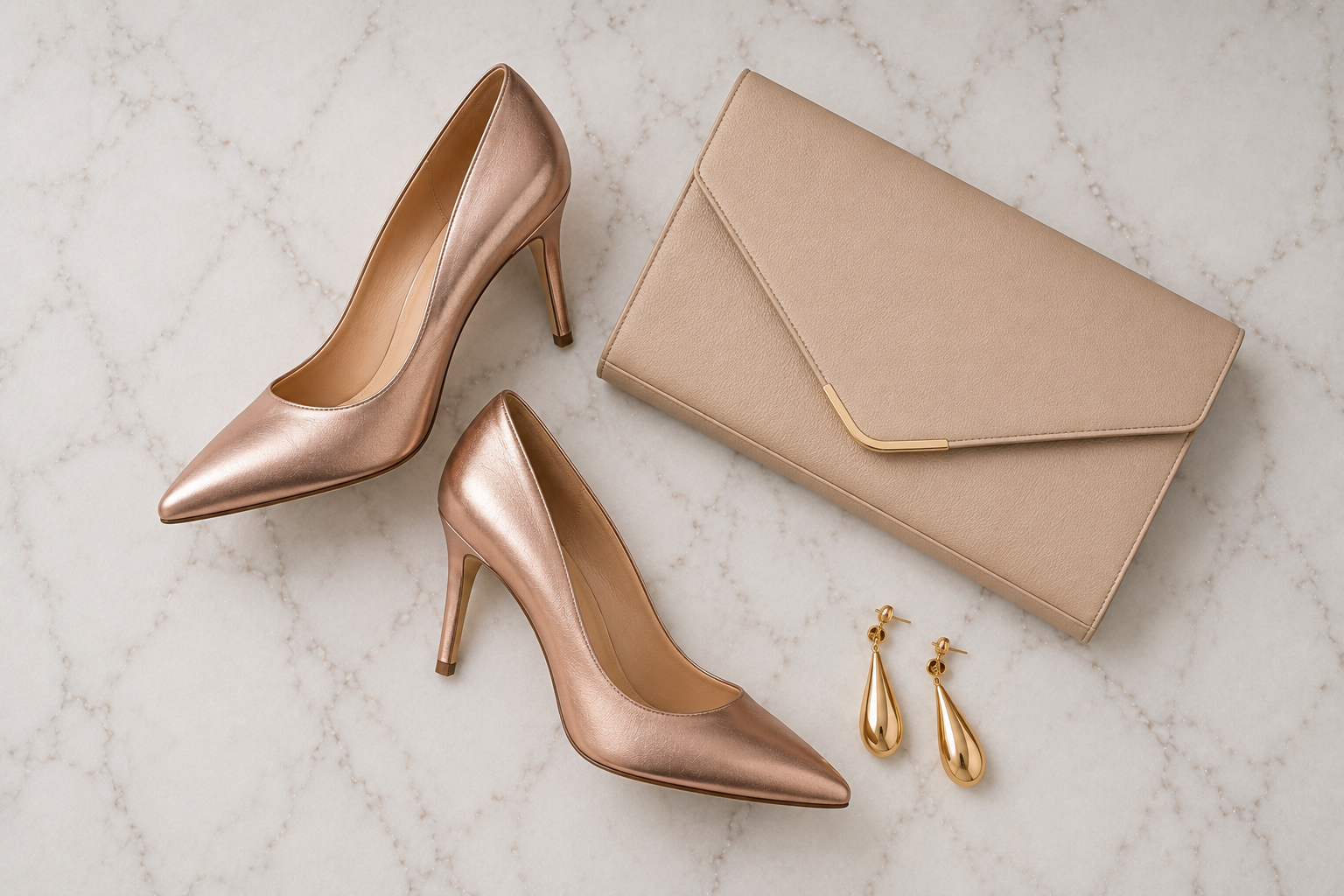 Scarpin rosé metalizado e bolsa envelope bege