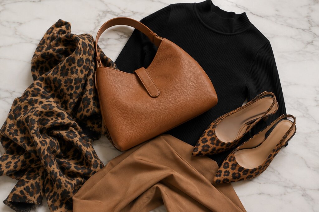 Acessórios animal print com peças neutras sobre mármore branco