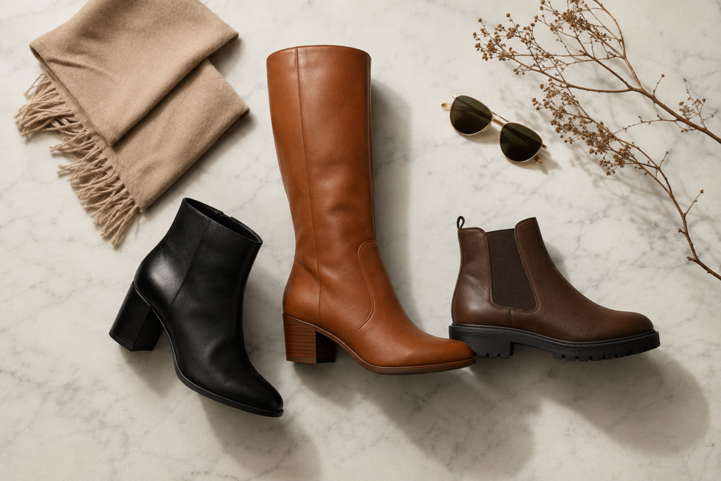 Flat lay com botas femininas de inverno em superfície de mármore branco — ankle boot preta, bota cano alto caramelo e bota chelsea castanha