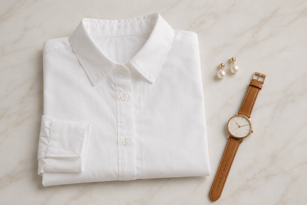 Camisa branca de algodão dobrada sobre mármore branco com acessórios