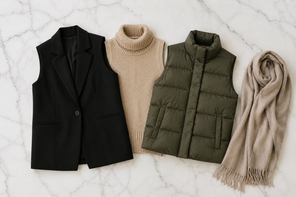 Coletes femininos de inverno em tons neutros sobre mármore branco