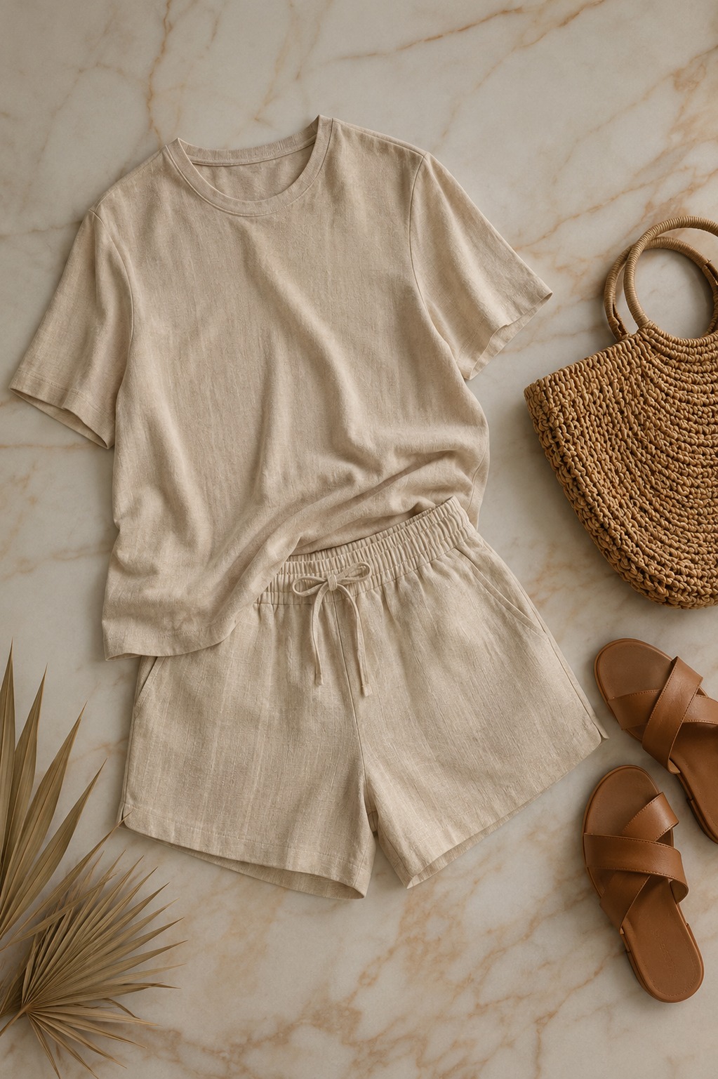 Flat lay de conjuntos casuais femininos: co-ords em malha, linho e tricot