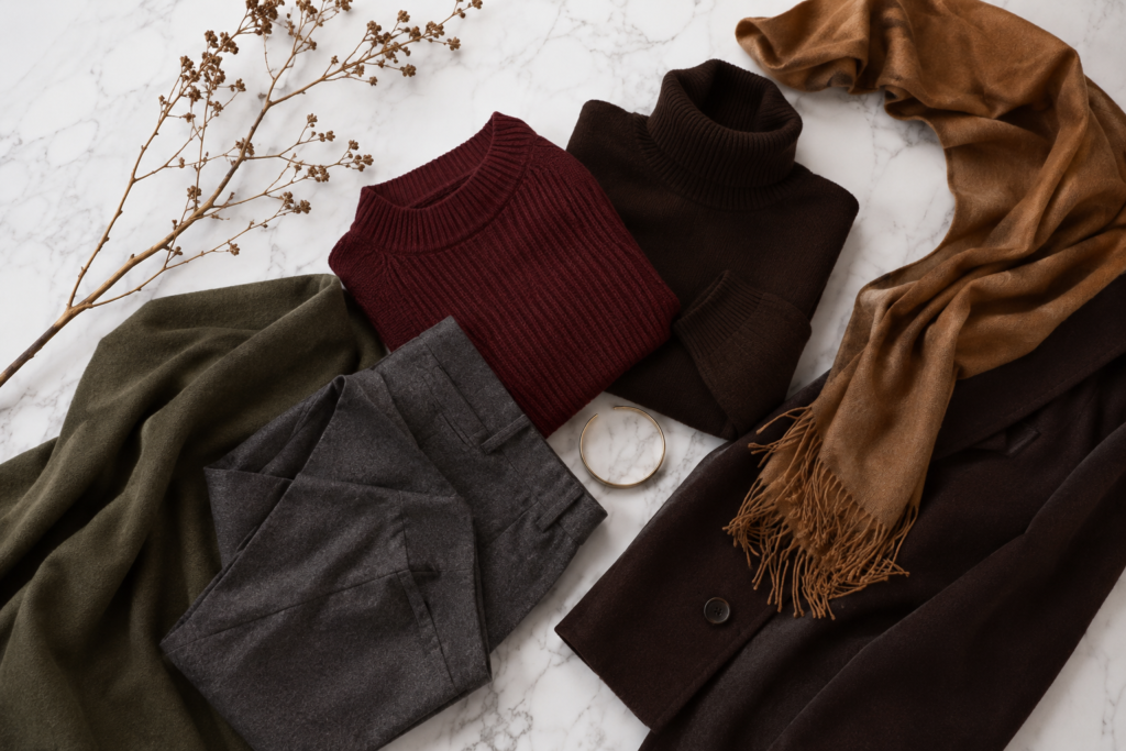 Flat lay com tecidos em burgundy chocolate verde-musgo cinza e caramelo