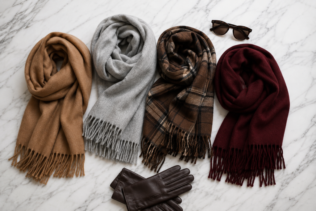 Flat lay com cachecóis de inverno lã caramelo cashmere cinza xadrez e burgundy