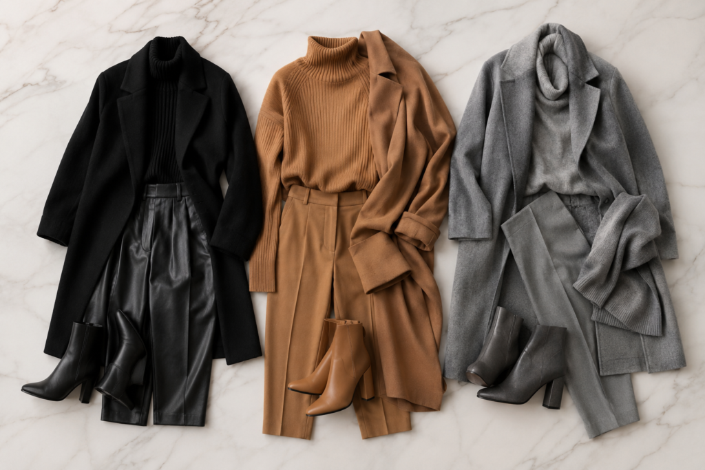 Flat lay com conjuntos monocromáticos all black total caramelo e cinza total