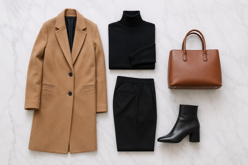 Flat lay minimalista com peças essenciais de inverno sobretudo gola alta calça boot bolsa