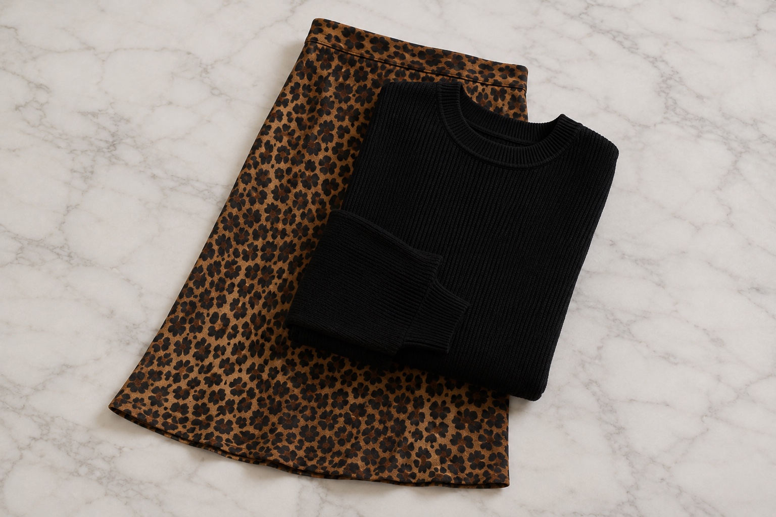 Saia midi de onça com tricô preto dobrado por cima
